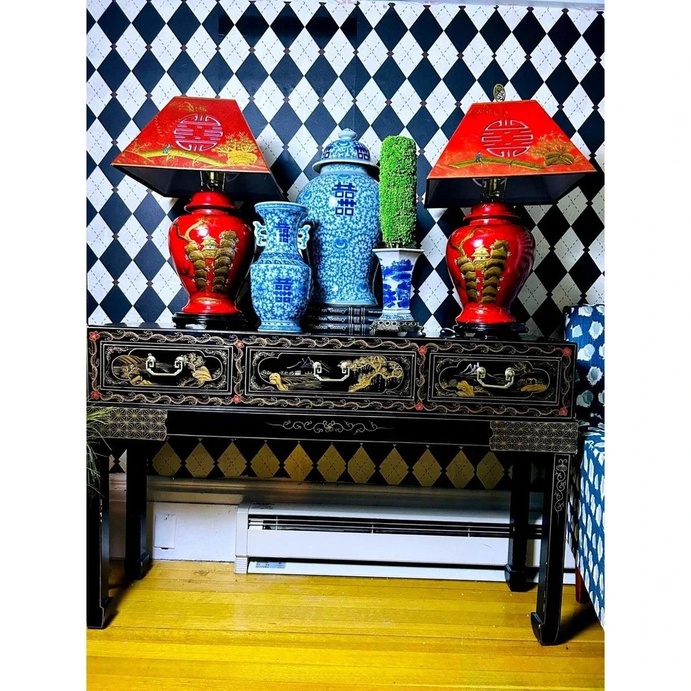 Pair Large Chinese Chinoiserie Red Lacquer Lamps Pagoda Shades Hollywood Regency